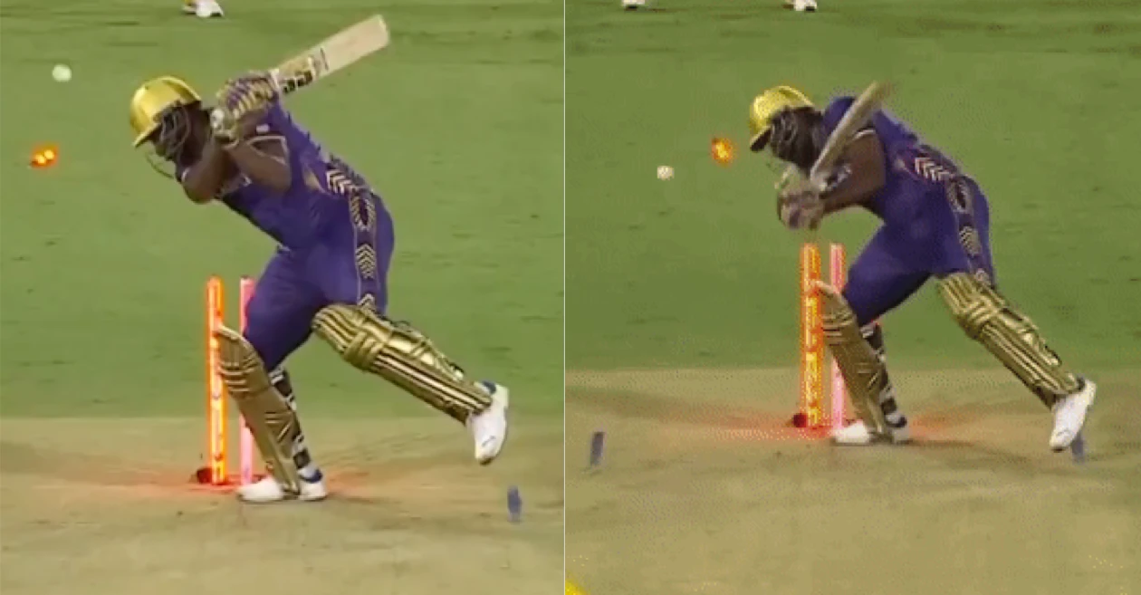 Andre Russell hits his own stumps