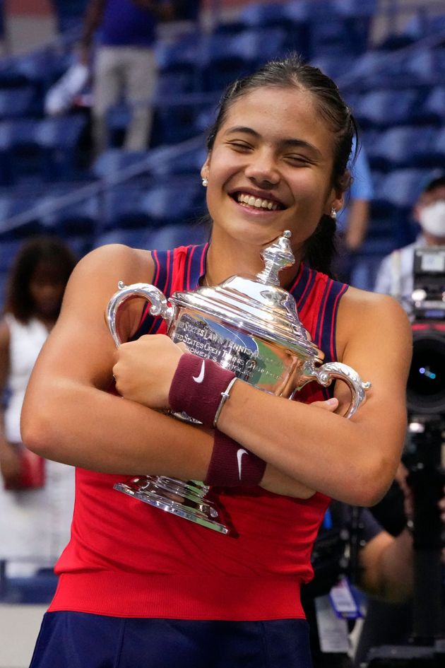 Britain's Emma Raducanu celebrates with the trophy after winning the 2021 US Open Tennis tournament women's final match against Canada's Leylah Fernandez.