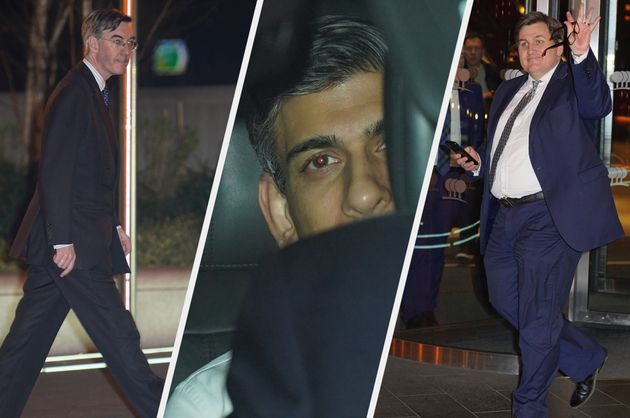 <strong>Conservative minsters Jacob Rees-Mogg, Rishi Sunak and Kit Malthouse leaving the Park Plaza Hotel, south London, where Conservative MPs were attending an event.</strong>