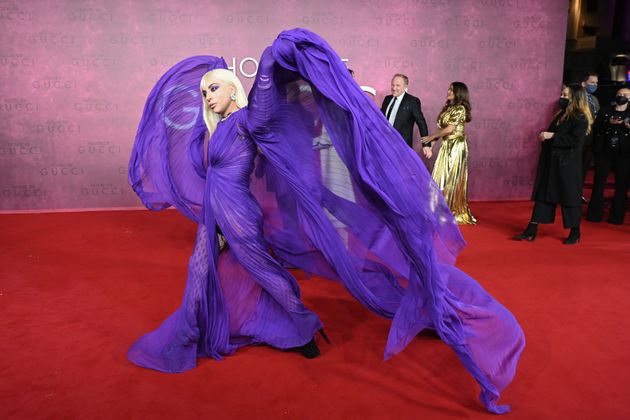 Gaga wore a billowing purple dress, which was designed by Gucci