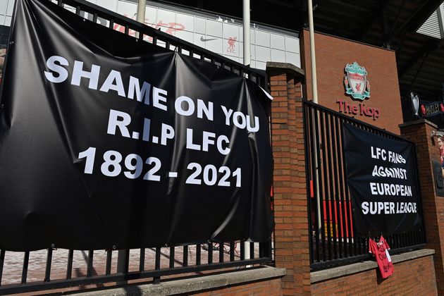 <strong>Anti-European Super League posters hang outside Anfield, home of Liverpool.</strong>