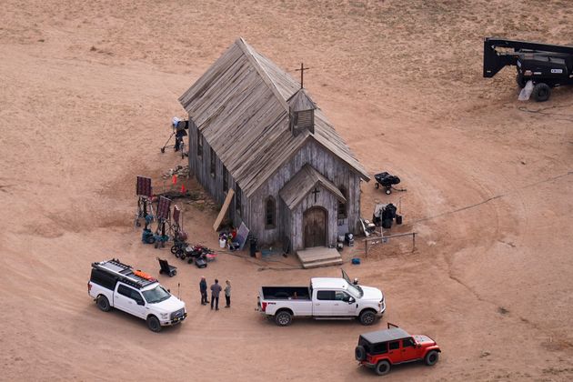 An aerial photo shows the Bonanza Creek Ranch in Santa Fe, New Mexico, after a gun went off on the 