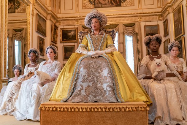 Golda Rosheuvel (centre) as Queen Charlotte in season one