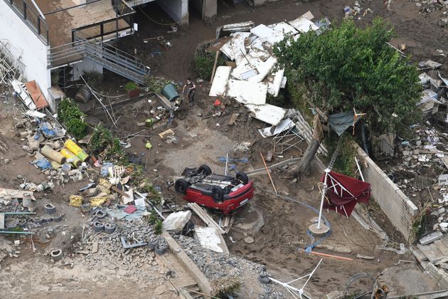 An aerial view shows of debris in Altenahr, western Germany, after devastating floods hit the region.