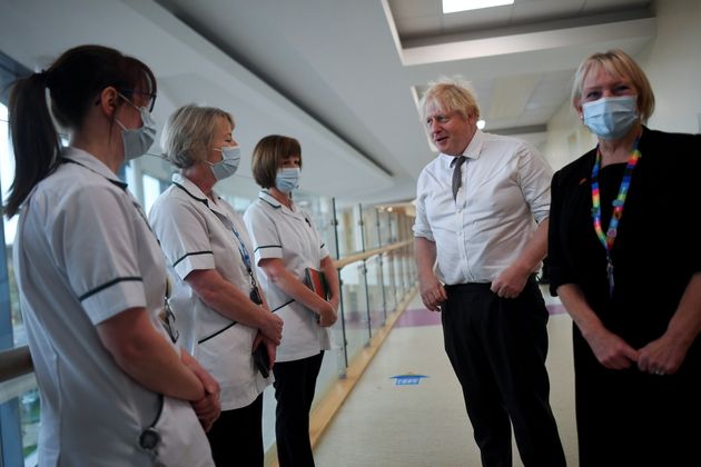 <strong>Boris Johnson meets with medical staff during a visit to Hexham General Hospital in Hexham.</strong>