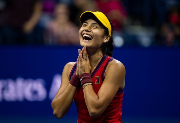 Emma Raducanu celebrating her victory over Maria Sakkari in the semifinals of the US Open.