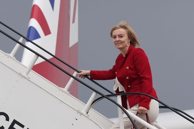 Foreign Secretary Liz Truss boards RAF Voyager at Stansted Airport 