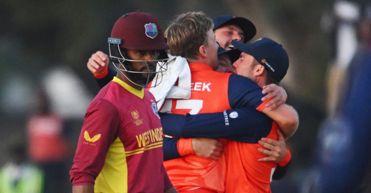 Netherlands' players celebrating victory over West Indies