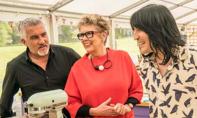 Prue with Bake Off co-stars Paul Hollywood and Noel Fielding