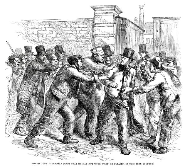 A vintage engraving from 1862 showing a strikebreaker being attacked by a group of workers who are on strike at the factory.