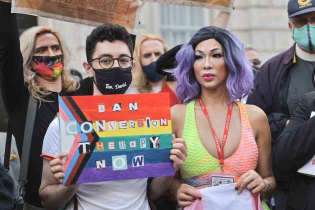 <strong>A group of LGBT+ supporters gathering in front of the Cabinet Office to protest the use of conversion therapy.</strong>