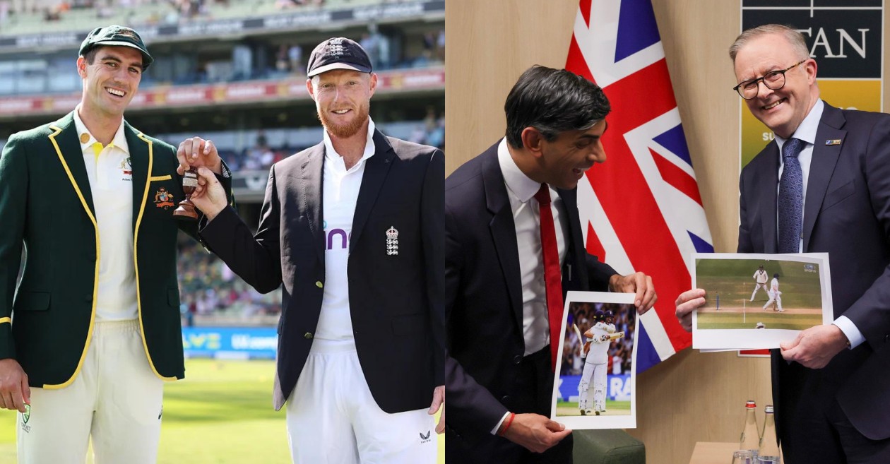 Pat Cummins, Ben Stokes, Rishi Sunak and Anthony Albanese