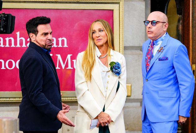 Mario Cantone, Sarah Jessica Parker and Willie Garson are seen filming And Just Like That...