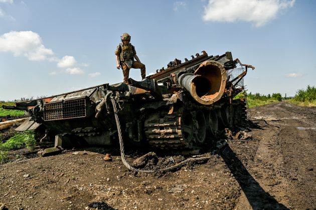 A destroyed Russian military vehicle in Novodarivka village, Zaporizhzhia Region, southeastern Ukraine. 