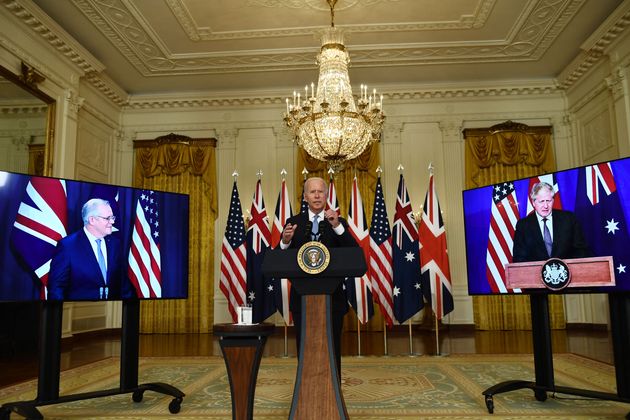 <strong>US president Joe Biden participates is a virtual press conference on national security with British prime minister Boris Johnson and Australian prime minister Scott Morrison.</strong>