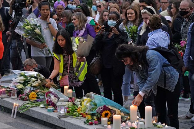 <strong>Members of the public attend a vigil in memory of Sabina Nessa, and in solidarity against violence against women, at Pegler Square in Kidbrooke, south London.</strong>