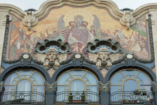 An Art Nouveau facade of a former bank, now apartments, in the old town of Pest, Budapest