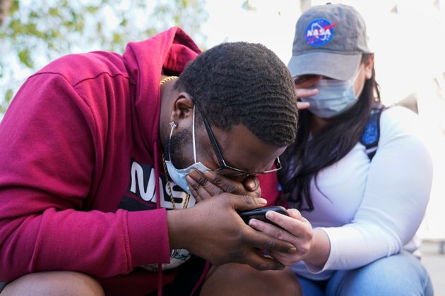 London Williams, 31 bursts into tears on Tuesday after hearing that former Minneapolis police officer Derek Chauvin was convicted of murder and manslaughter in the death of George Floyd.