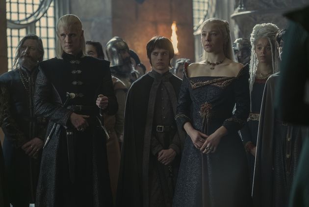 Matt Smith (Prince Daemon Targaryen), Harry Collett (Prince Jacaerys 'Jace' Velaryon) and Emma D'Arcy (Princess Rhaenyra Targaryen) act in House Of The Dragon Episode 8.