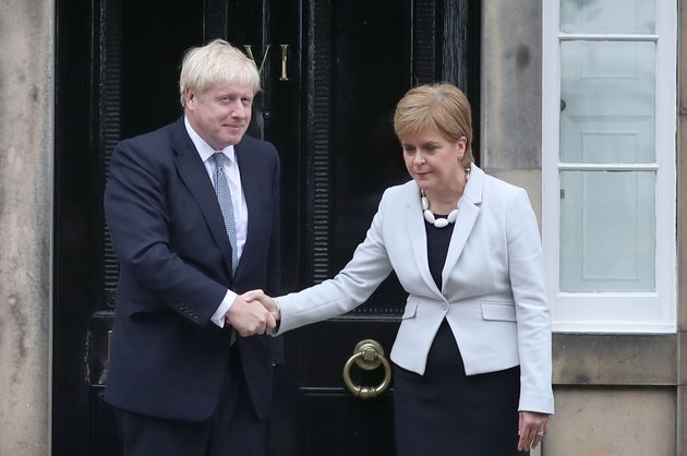 Nicola Sturgeon and Boris Johnson outside Bute House in Edinburgh.
