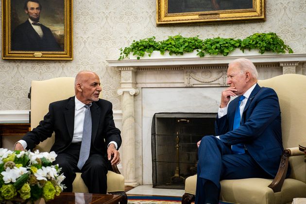 <strong>US president Joe Biden hosts then Afghanistan president Ashraf Ghani in the Oval Office at the White House in June.</strong>