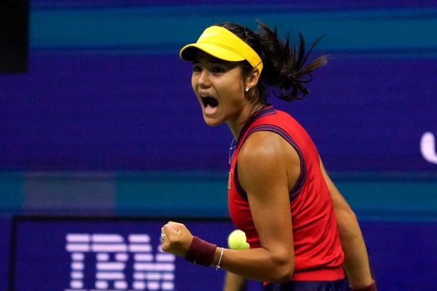 <strong>Britain's Emma Raducanu celebrates a point against Greece's Maria Sakkari during their 2021 US Open tennis tournament women's semi-final match.</strong>