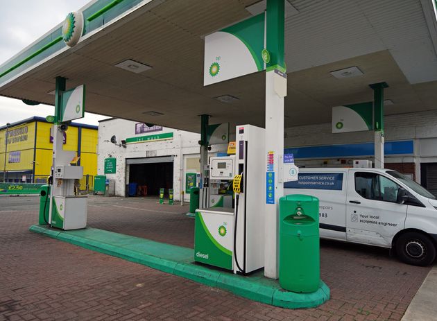 <strong>An out of use sign on a petrol pump at a BP garage on Speke Hall Road, Liverpool.</strong>