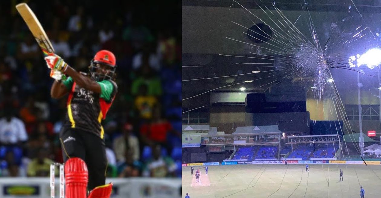 Chris Gayle six breaks the glass of a window