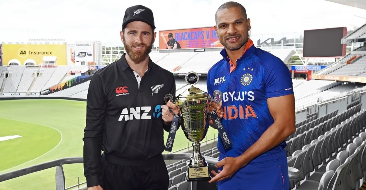 Kane Williamson and Shikhar Dhawan with ODI series trophy