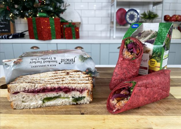 Tesco's Finest smoked turkey and truffle club (left) and Plant Chef No Beef Wellington Wrap (right)