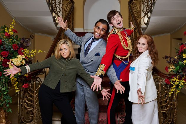 Pictured: (L-R) Emma Sidi as Emily Maitlis, Munya Chawawa as Prince Charles, Kieran Hodgson as Prince Andrew and Jenny Bede as Sarah Ferguson.