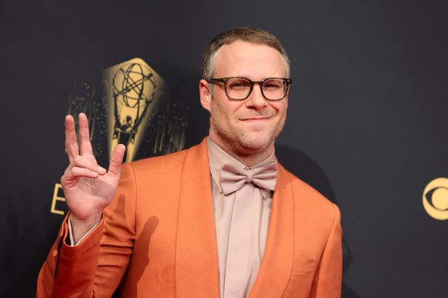 Seth Rogen posing on the Emmys red carpet