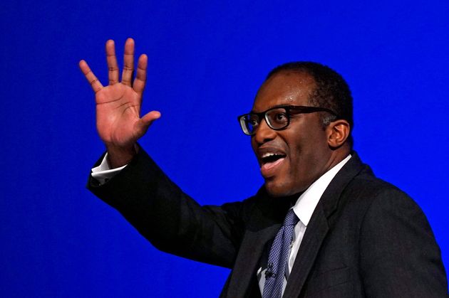 Kwasi Kwarteng delivers his speech at the Conservative Party conference in Birmingham. 