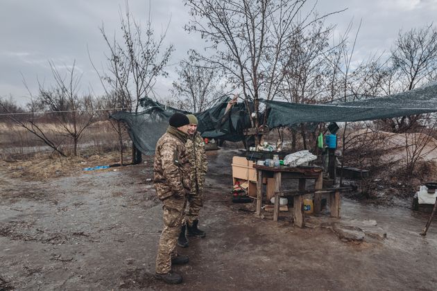 Ukrainian army soldiers on the front line in Donbass, Ukraine.