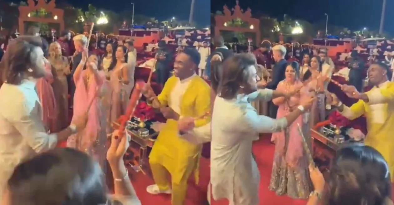 MS Dhoni plays dandiya with Dwayne Bravo