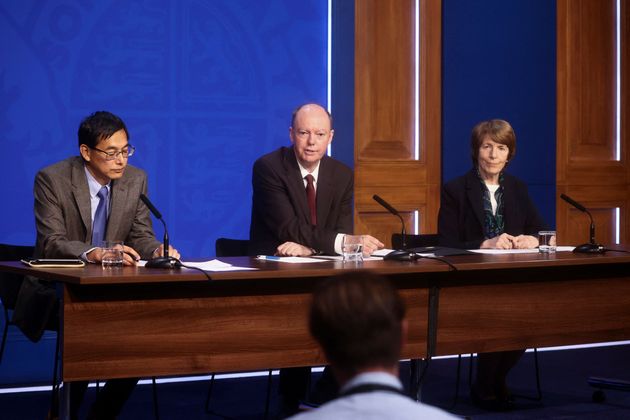 <strong>Chair of the Joint Committee on Vaccination and Immunisation, Professor Wei Shen Lim, Britain's Chief Medical Officer for England, Chris Whitty, and Chief Executive of the Medicines and Healthcare Products Regulatory Agency, June Raine take part in a media briefing on the latest Covid-19 update.</strong>