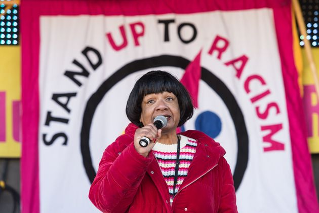 Labour MP Diane Abbott speaks to demonstrators gathered in Parliament Square during a rally against racism as part of United Nations Anti-Racism Day in London, United Kingdom on March 19, 2022. 