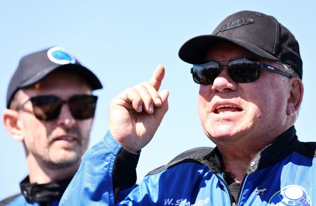 William Shatner speaks at the landing pad of Blue Origin’s New Shepard after they flew into space on October 13, 2021 near Van Horn, Texas. 