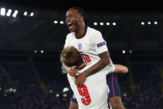 Raheem Sterling and teammate Harry Kane after victory against Ukraine in the quarter-finals.