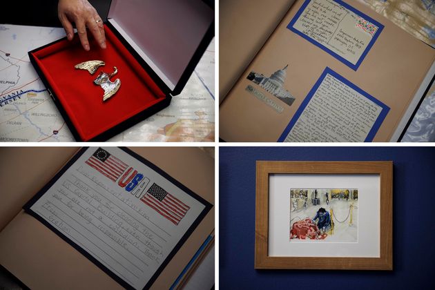 People around the country sent Kim letters, cards and artwork after seeing photos of him cleaning up the Capitol after the January 6 attack. He and his staff kept many of those items and have them in his office. The top left image is a broken gold eagle Kim collected while picking up.