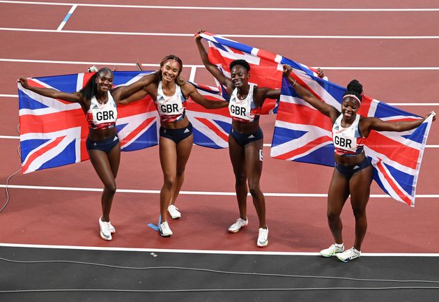 Dina Asher-Smith with her team-mates Asha Philip, Imani Lansiquot and Daryll after winning bronze in the Women's 4 x 100m Relay