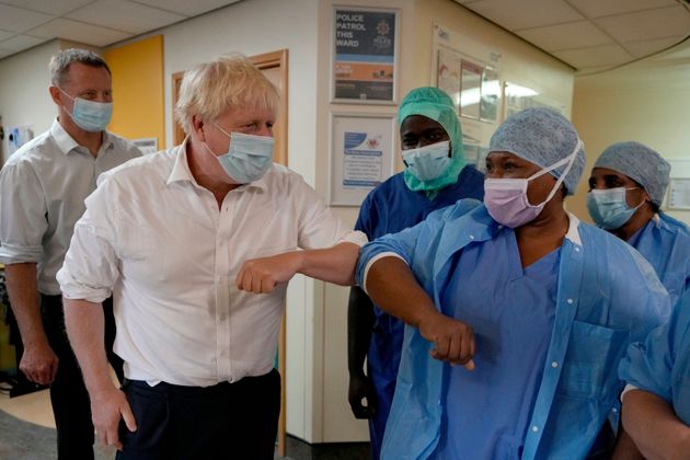 Former prime minister Boris Johnson visits the South West London Orthopaedic Centre in Epsom.