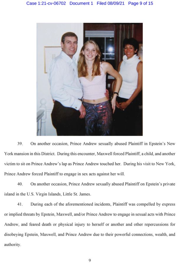 A page, showing a picture of the Duke of York, Virginia Giuffre, and Ghislaine Maxwell, from the legal action brought in the US by Jeffrey Epstein-accuser Virginia Giuffre against the Duke of York which says that it was 