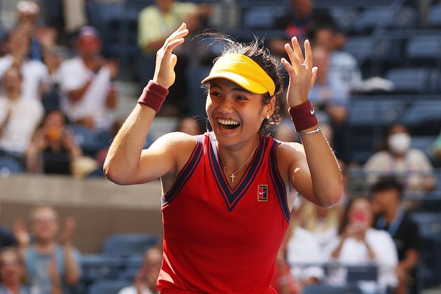 <strong>Emma Raducanu celebrates match point against Belinda Bencic.</strong>