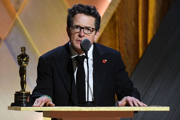 Honoree Canadian-American actor Michael J. Fox accepts the Jean Hersholt Humanitarian Award during the Academy of Motion Picture Arts and Sciences' 13th Annual Governors Awards.