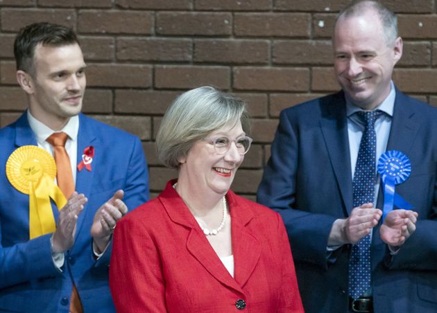 Labour Samantha Dixon celebrates after winning the Chester by-election following the count at Northgate Arena Leisure Centre.