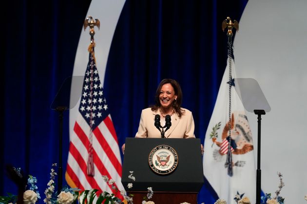 Vice President Kamala Harris speaks during the Zeta Phi Beta Sorority, Inc.'s Grand Boulé, Wednesday, July 24, 2024, in Indianapolis.