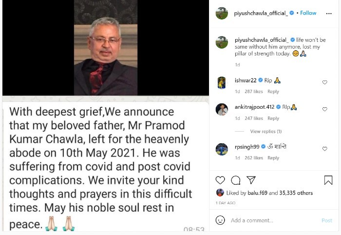 Piyush Chawla's Instagram Post