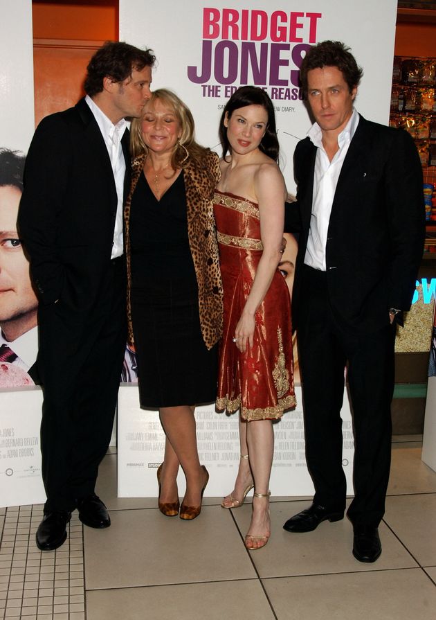 Colin Firth, writer Helen Fielding, actress Renee Zellweger and actor Hugh Grant arrive at the UK Gala Premiere of Bridget Jones: The Edge Of Reason in November 2004 in London