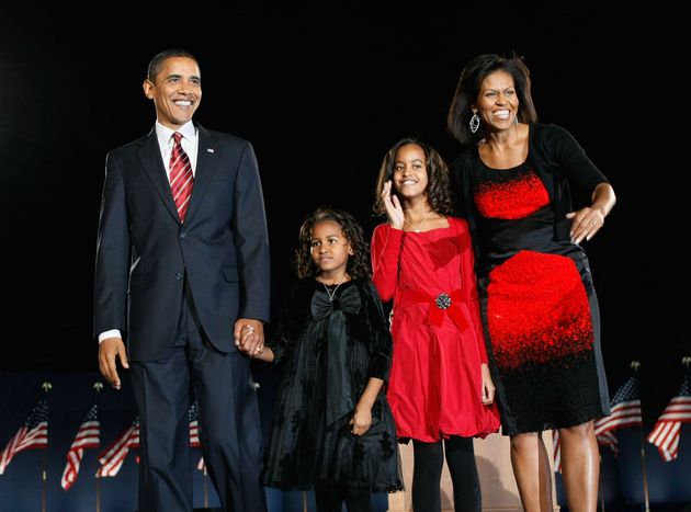 President-elect Barack Obama stands on stage with his family during an election night gathering in Grant Park in Chicago on Nov. 4, 2008.